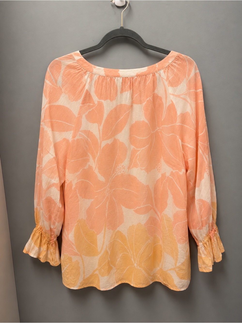 Tommy Bahama Peach, Floral Blouse with Flounce Cuff Sleeves. - Picture 5 of 5